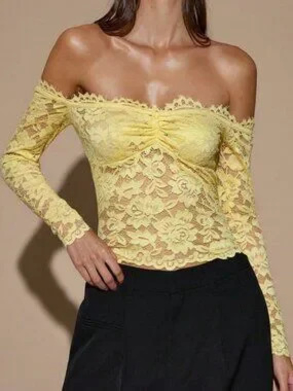 Yellow Elegant Women's Lace Off-Shoulder Long Sleeve Top